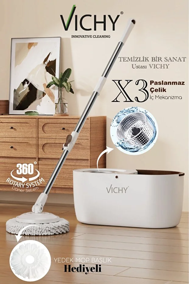 Vichy 360° Döner Mop Temizlik Seti | Kolay Sıkma Kova, Mikrofiber Mop, Yedek Mop Başlığı